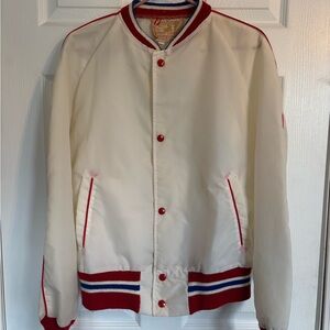 50s Style Cream Varsity Jacket with Red and Blue Accents